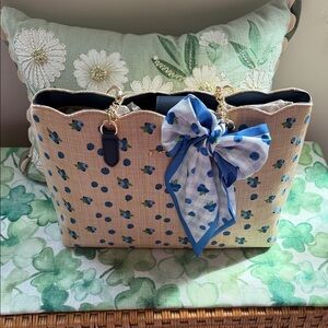 Betsey Johnson Beige blueberry Tote with Blue Floral & Polka Dot Scarf Bow